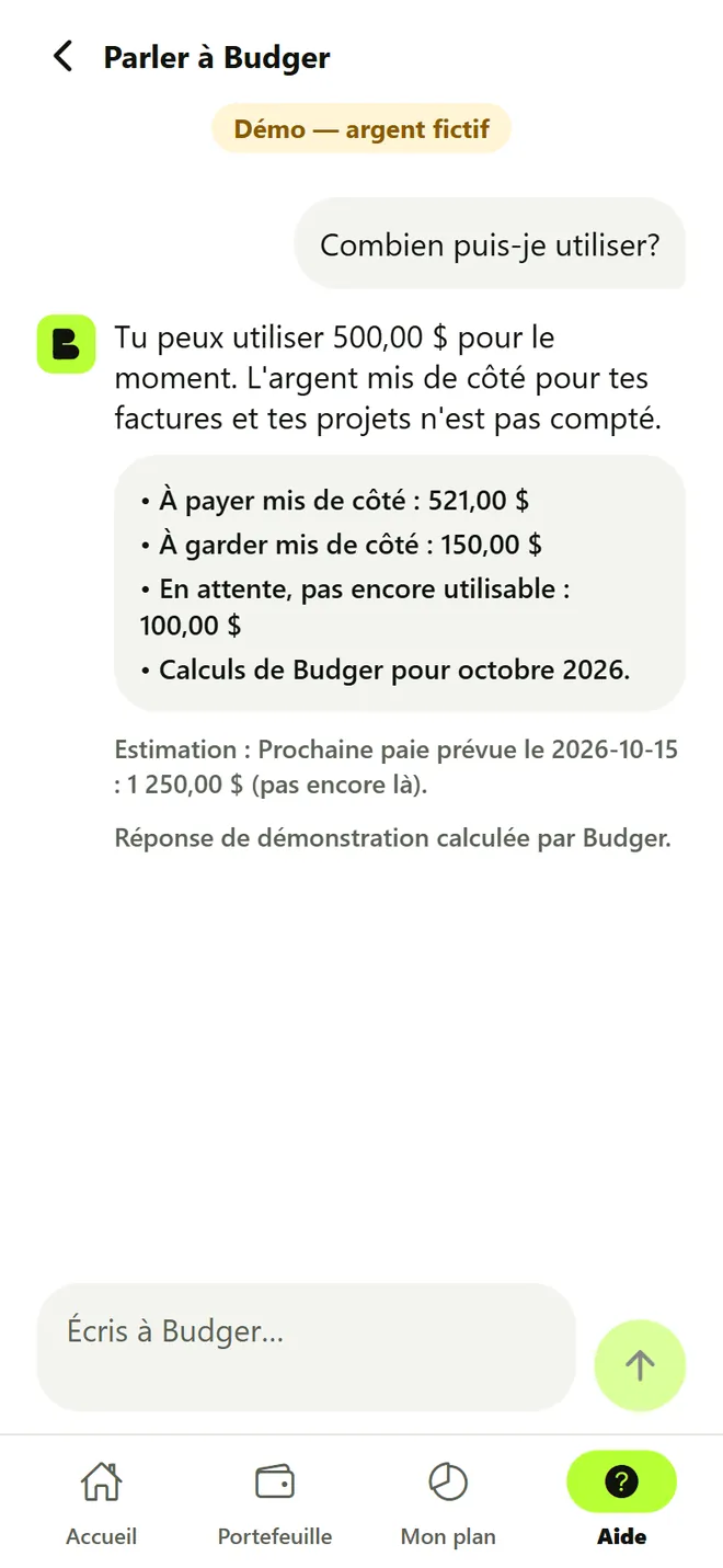 Aide : réponse claire calculée avec les chiffres de Budger.