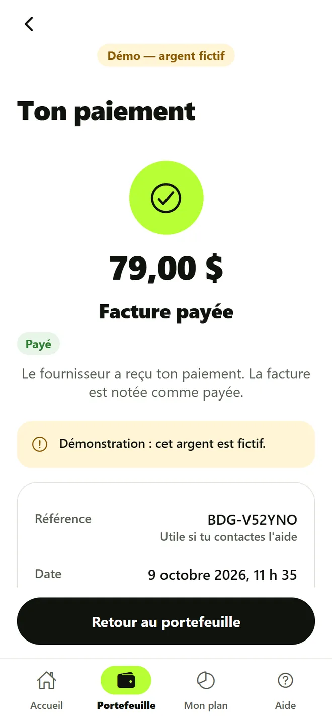 Facture payée : le fournisseur a reçu le paiement de 79 dollars.