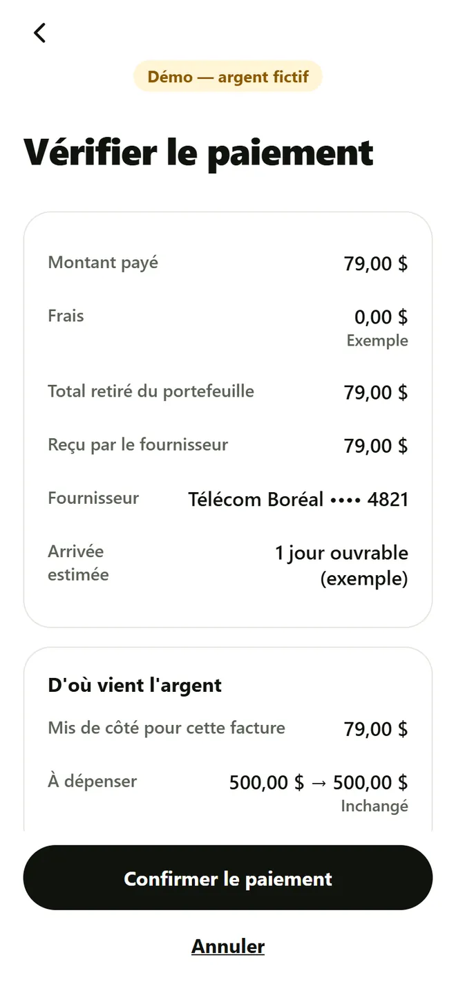 Vérifier le paiement : 79 dollars à Télécom Boréal, pris dans l'argent mis de côté pour la facture.