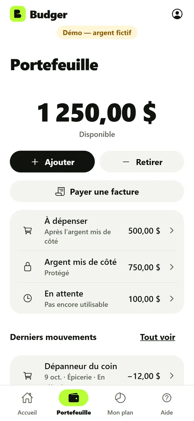 Portefeuille : 1 250 dollars disponibles, boutons Ajouter, Retirer et Payer une facture.